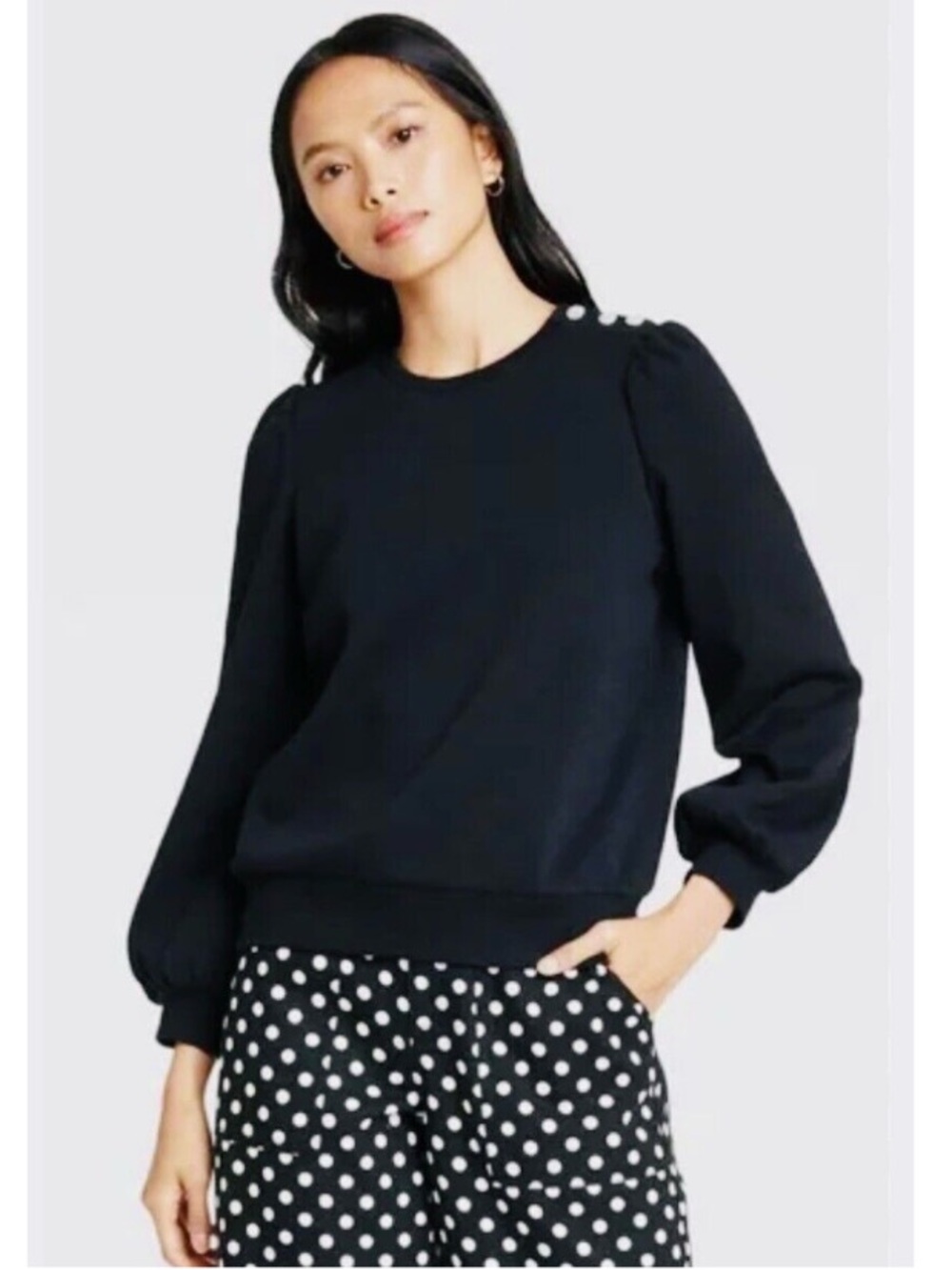 J. Crew Fleece Rhinestone Jewel Shoulder Crew Pullover Sweatshirt Black Medium